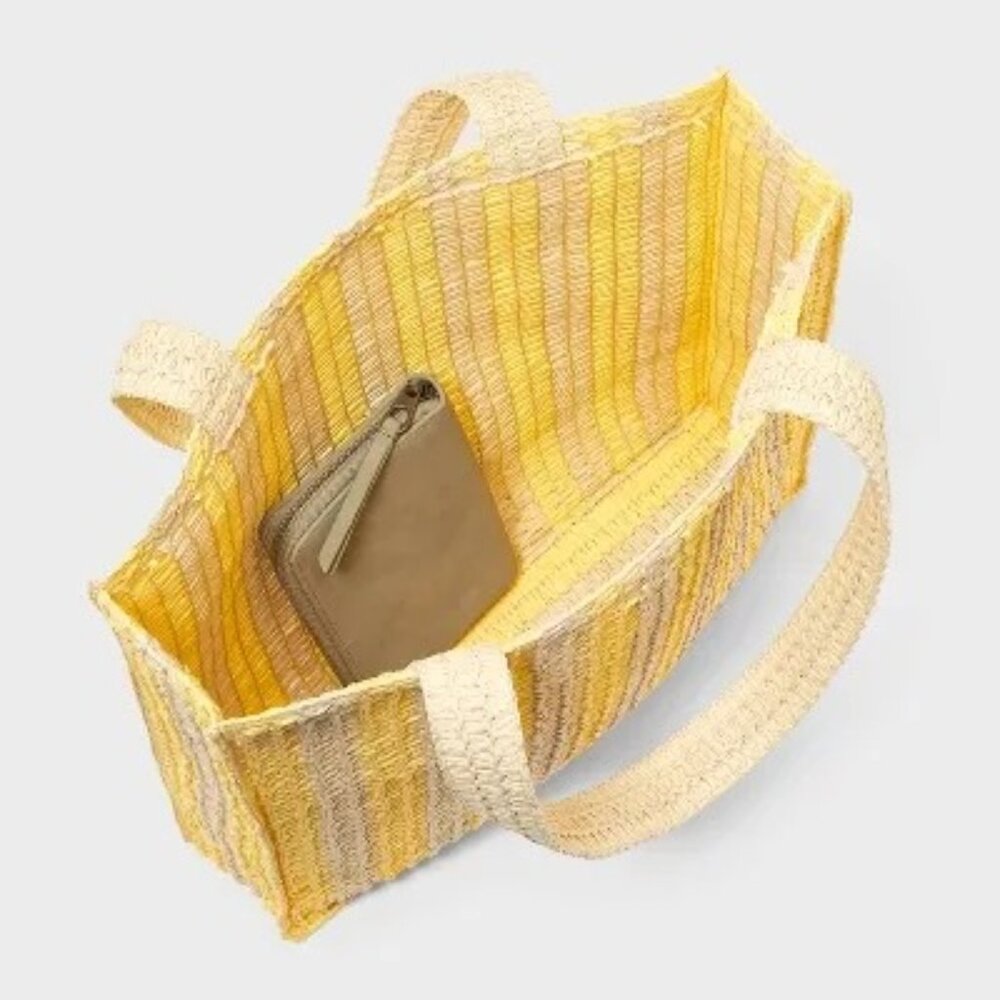 Universal Thread Crochet Woven Handbag Yellow Beige Tote Single Compartment - Picture 4 of 11
